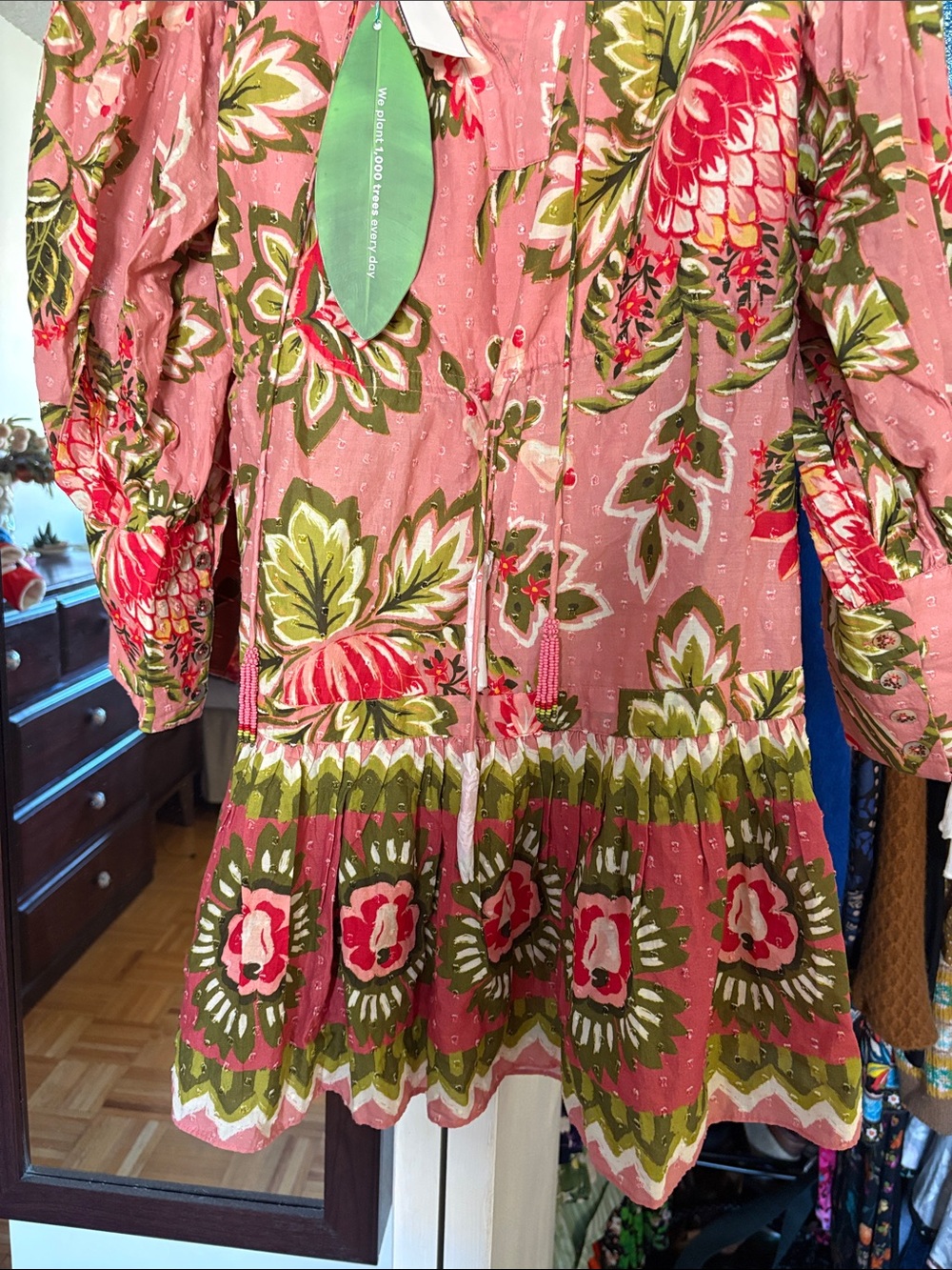 Farm Rio M cover up NWT. Floral Pink Long-Sleeve Tiered Dress - Picture 8 of 9